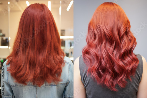 transformation of a young woman's hair, from split ends to a rejuvenated and radiant red hairstyle in a captivating before and after sequence.