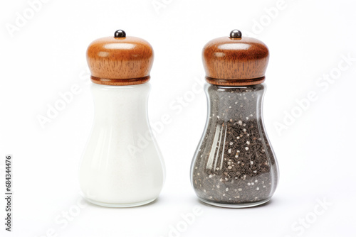 An isolated closeup of a glass salt and pepper shaker set against a white background, showcasing essential kitchen condiments.
