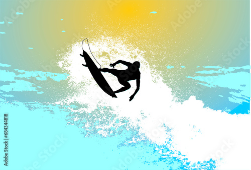 silueta, mujer, deporte, ilustración, acuático, surfer