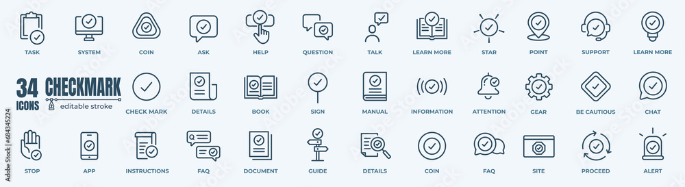 Check Mark, Approve, Stamp and Check List icons set, isolated on white, vector outline illustration, symbol logo design style Check Mark, Approve, Stamp and Check List icons set, isolated on white, vector outline illustration, symbol logo design style