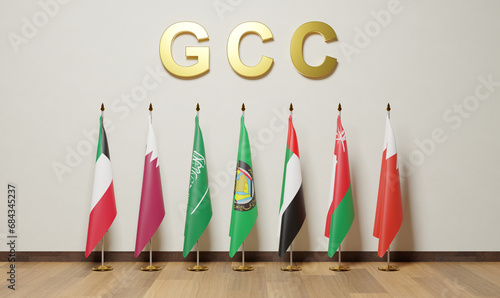 Flags of the Gulf Cooperation Council countries, Bahrain, Kuwait, Oman, Qatar, Saudi Arabia, and the United Arab Emirates. photo