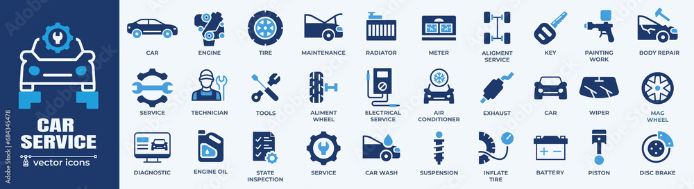 Car service icon set with black stroke and white background. Auto service, car repair icon set. Car service and garage. - obrazy, fototapety, plakaty 