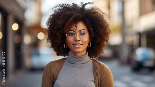 portrait of young african american woman in eyeglasses smiling at camera