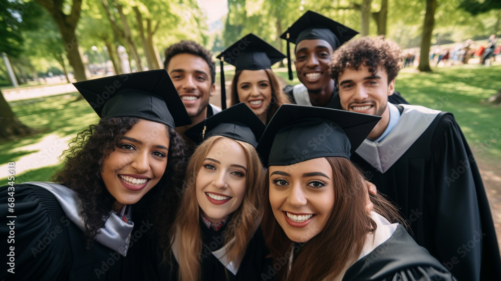 happy students in bachelor gown with graduation cap