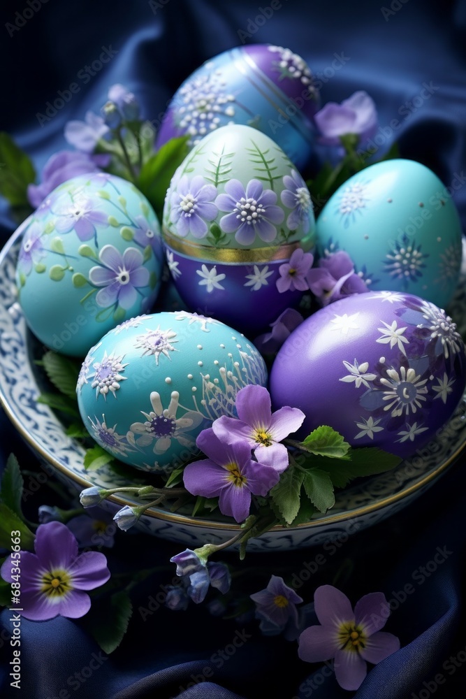 Fototapeta premium Images of easter egg decor, in the style of light sky-blue and light green, dotted, pastoral charm, dark green and purple, decorative paintings. Easter cocnept.