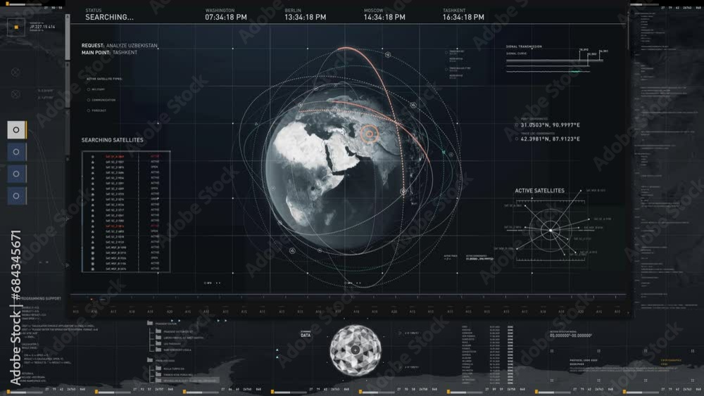Territory analysis system is looking for weak satellite signals. Analysis of the satellite network position orbiting above the selected territory. Analysis of the satellite flying over the territory. Territory analysis system is looking for weak satellite signals. Analysis of the satellite network position orbiting above the selected territory. Analysis of the satellite flying over the territory.