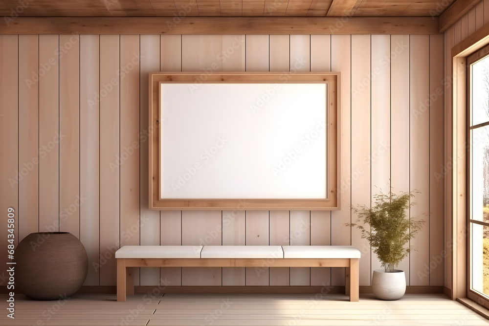 Mock up poster frame on wooden wall in the living room. 3d render Mock up poster frame on wooden wall in the living room. 3d render