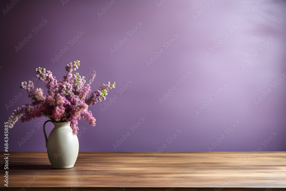 Bouquet of pink flowers in vase on wooden table in a room with purple wall Bouquet of pink flowers in vase on wooden table in a room with purple wall