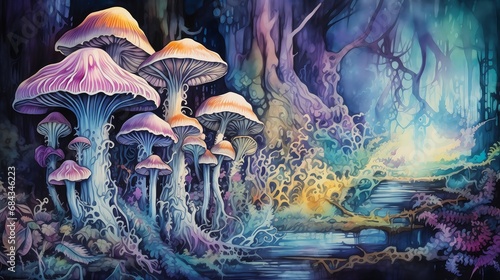 forest mushrooms stream middle cover watery caverns crystalline room promised land still princess canopy elves mastodonic photo