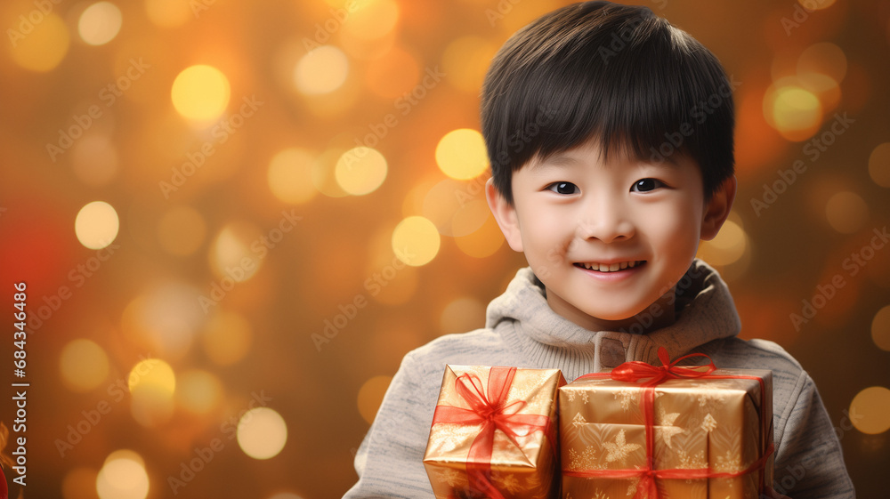 Child and christmas presents. Happy child smiling with christmas presents. Bokeh Lights and presents. Smiling child. Child and christmas presents. Happy child smiling with christmas presents. Bokeh Lights and presents. Smiling child.