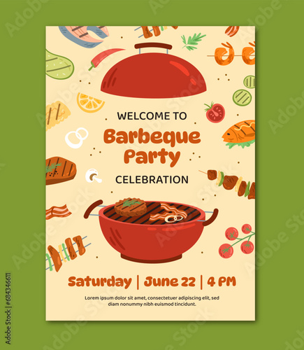 Barbeque invitation postcard. BBQ red grill. Party and event advertisng. Meat and kebab. Picnic and eating outdoor. Cartoon flat vector illustration isolated on green background photo