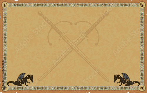 Large Parchment with Medieval Frame, Dragons, Crossed Longswords