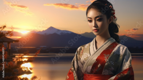 Beautiful woman Japanese in yukata, kimono suite with lake on background