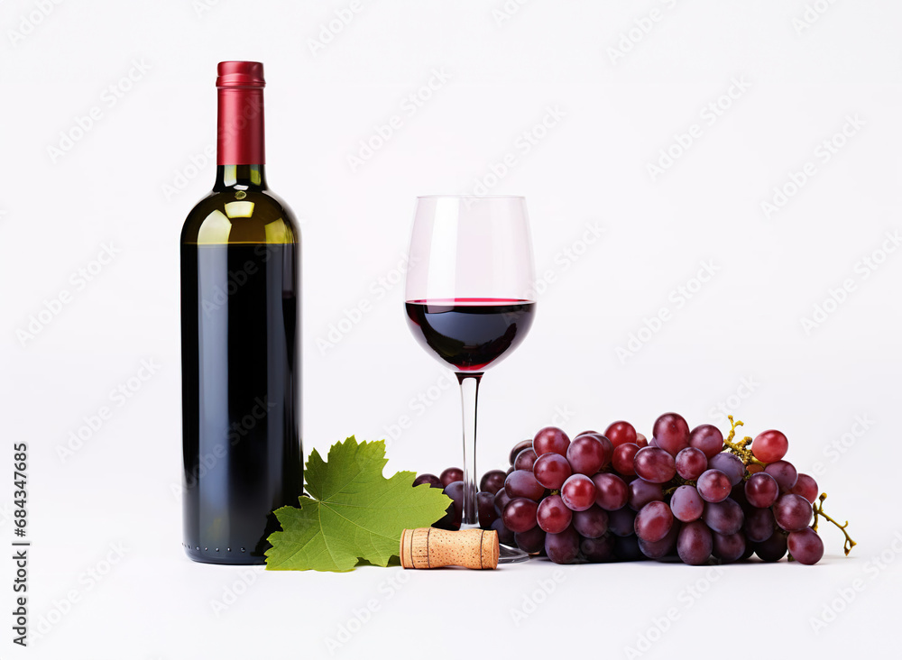 Red wine bottle with wine grapes isolated on white background, Generated with Generative Ai technology.