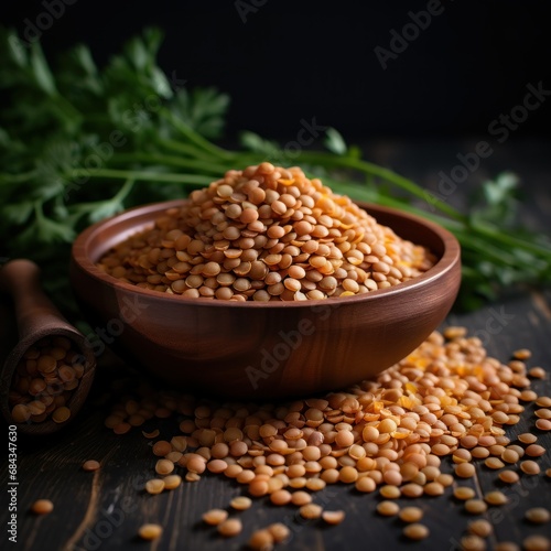 red lentils in a wooden plate on a dark background with parsley and herbs. concept of healthy eating, food and veganism