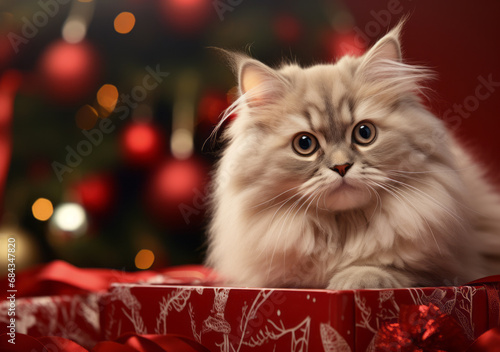 Cute little cat in front of the Christmas tree with gifts. New year holiday concept