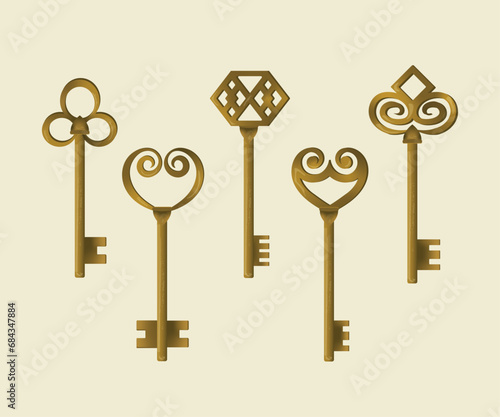 set of beautiful victorian retro vintage keys with ornaments 