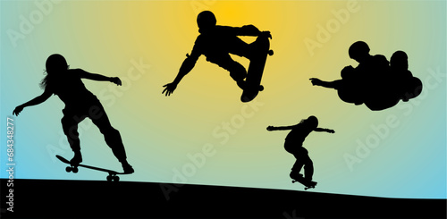 silueta, vector, gente, deporte, brincar, skate