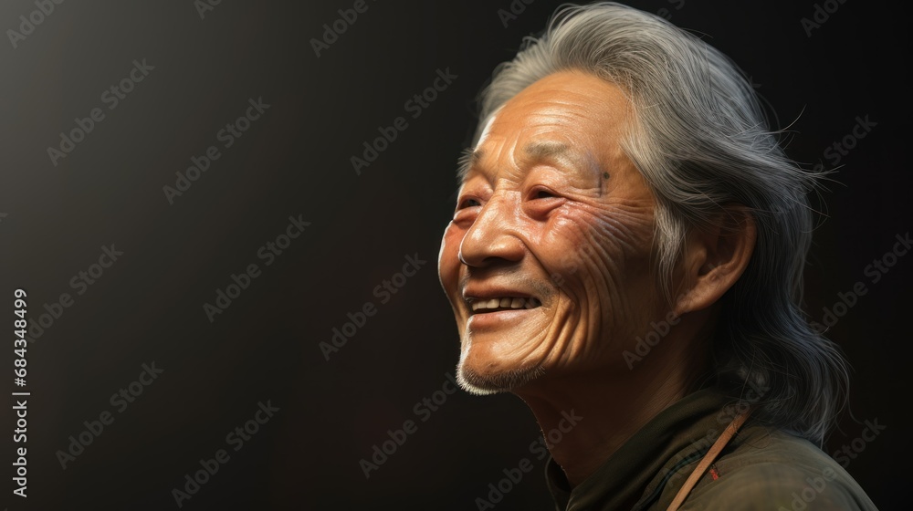 portrait of a old smile man multinational Chinese outside in profile on a dark plain background. banner with place for text. concept: portrait, portrait, billboard, multinationality, authenticity