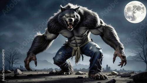 Werewolf with darkness and moon in the background. 4K - 8K - 12K TV. Generative AI.
