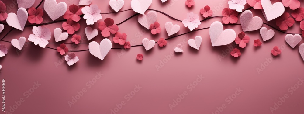 background with small pink hearts made of 3D paper on a plain pink background with space for text. concept: valentine's day, greeting card, discounts and promotions