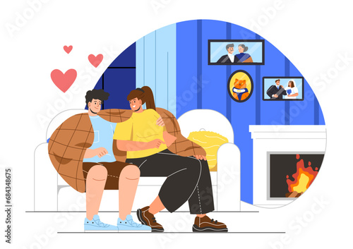 Couple in love in home concept. Man and woman hug each other and sit at sofa. Comfort and coziness indoor. Love and romance. Cartoon flat vector illustration isolated on white background