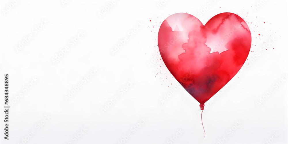 Red watercolor heart balloon isolated on white background with copy space for text