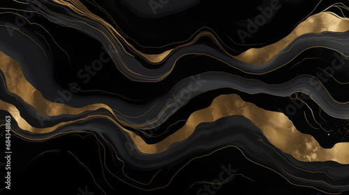 black and gold marble surface background, in the style of wavy lines