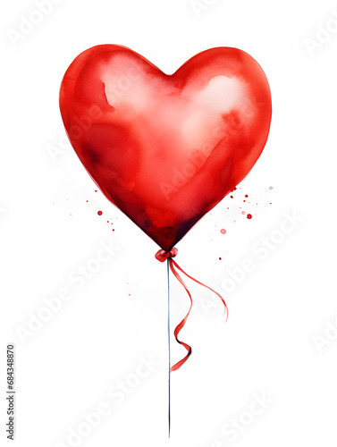 Red watercolor heart balloon isolated on white background