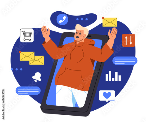 Cyber sickness concept. Man at smartphone screen with messages. Young guy with addiction to messengers and social networks. Cartoon flat vector illustration isolated on white background