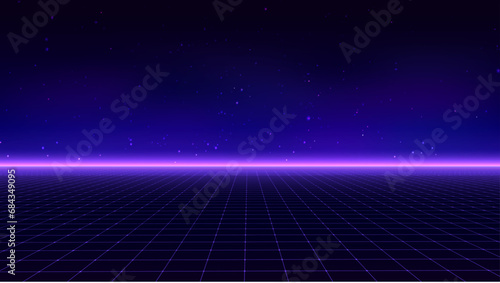 Abstract futuristic background in retro style. Digital perspective grid landscape of the 80s. Wireframe vector blue illustration.