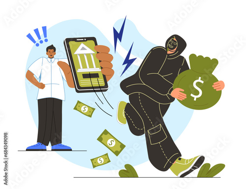 Digital money theft concept. Young guy with mobile phone bank application. Person stealing bag of banknotes. Poster or banner. Cartoon flat vector illustration isolated on white background