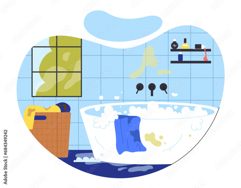 Dirty bathroom concept. Bath with clothes and rags. Household chores