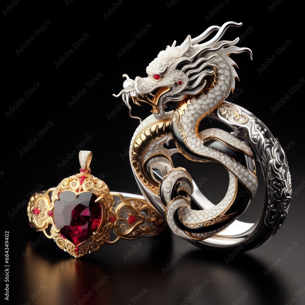 Beautiful elegant jewelry in the shape of a dragon with precious stones, rubies, sapphires, emeralds, ivory, gold and platinum generated by artificial intelligence Beautiful elegant jewelry in the shape of a dragon with precious stones, rubies, sapphires, emeralds, ivory, gold and platinum generated by artificial intelligence