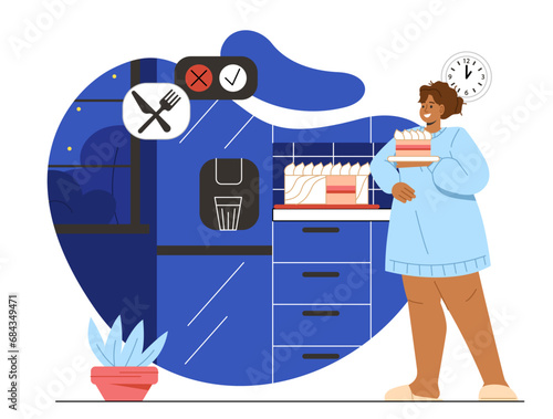 Eating sweets at night concept. Woman at kitchen with slice of cake. Fatty and overweight young girl with dessert and delicacy. Cartoon flat vector illustration isolated on white background