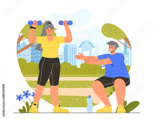 Elderly doing sports concept. Man and woman with bottle of water and dummbells. Active lifestye and sport outdoor. Training and fitness. Cartoon flat vector illustration isolated on white background photo