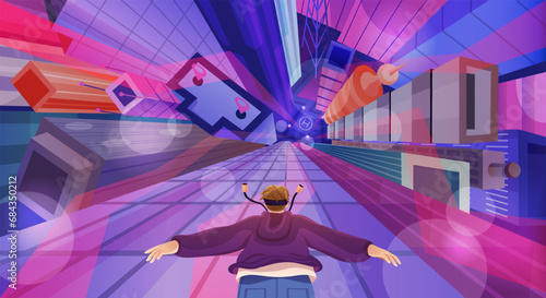 Metaverse and virtual reality. Man in VR glasses flies over roofs of city, skyscrapers and towers. Digital world and cyberspace. Gaming in augmented reality. Cartoon gradient vector illustration