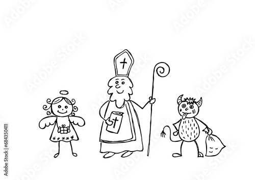 Saint Nicholas, angel and devil, hand drawn illustration