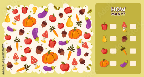 How many game template. Different vegetables. Carrot and eggplant, tomato. Educational material for children. Development counting skills for kids. Poster or banner. Cartoon flat vector illustration