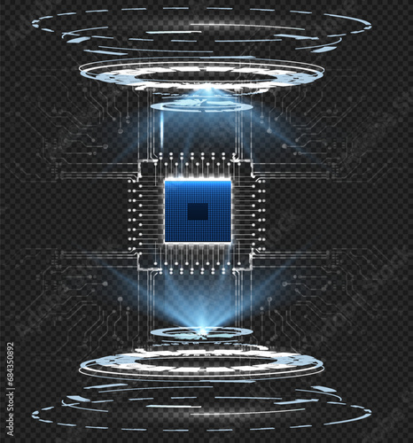 Futuristic teleportation device in a cylindrical shape with a radiant blue light at the center, set against a black grid-patterned background.