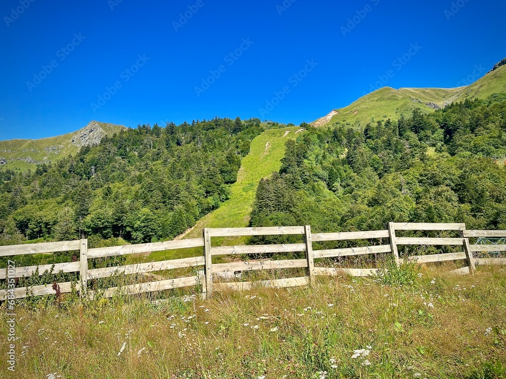 view of a wooden fence in a meadow on a summer day with the mountains in the background in the massif central in france
