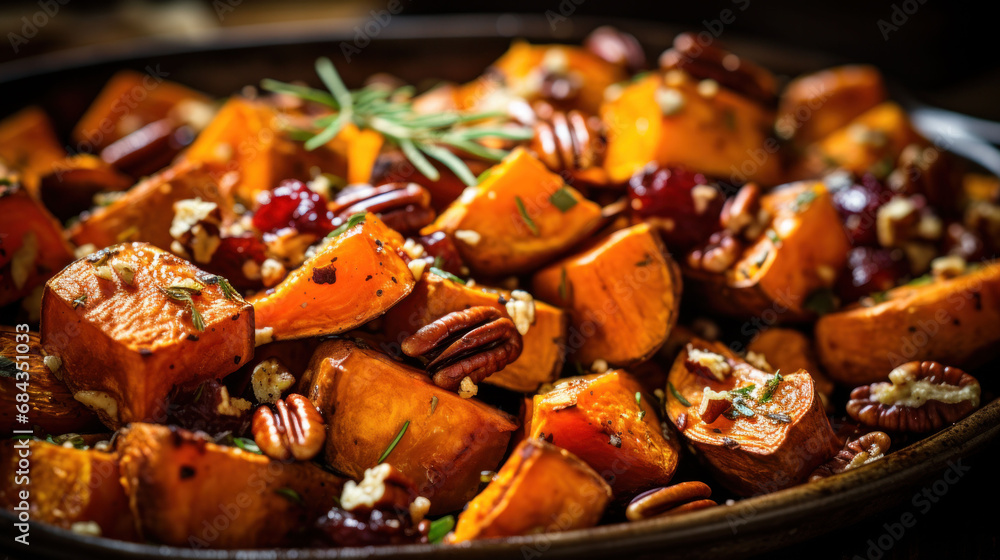 Sweet potatoes tossed with cranberries and pecans, a vegan culinary creation. A colorful and creative addition to any holiday spread.