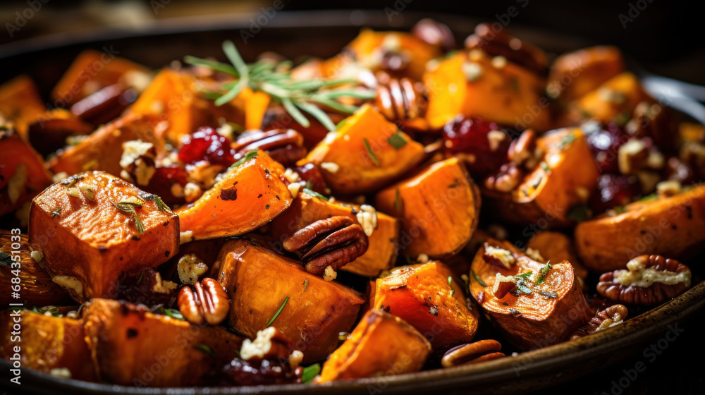 Sweet potatoes tossed with cranberries and pecans, a vegan culinary creation. A colorful and creative addition to any holiday spread. Sweet potatoes tossed with cranberries and pecans, a vegan culinary creation. A colorful and creative addition to any holiday spread.
