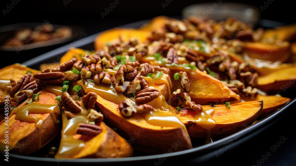 Vegan sweet potatoes with pecans and savory sauce, ideal for holiday gatherings. A delightful dish that marries taste and health. Vegan sweet potatoes with pecans and savory sauce, ideal for holiday gatherings. A delightful dish that marries taste and health.