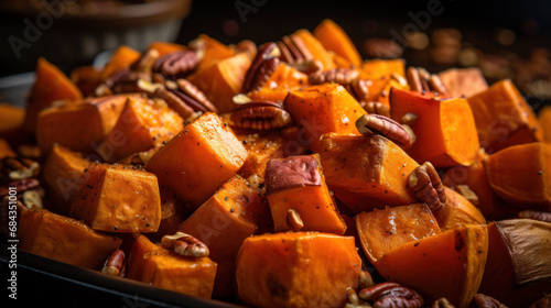 Savory sweet potato cubes paired with pecans, an essential vegan recipe. This dish brings a rustic and hearty feel to any table.
