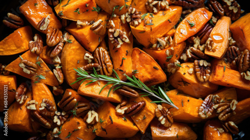 Creative sweet potato cuisine with a sprig of rosemary, a vegan feast. A rich tapestry of flavors presented with rustic charm.