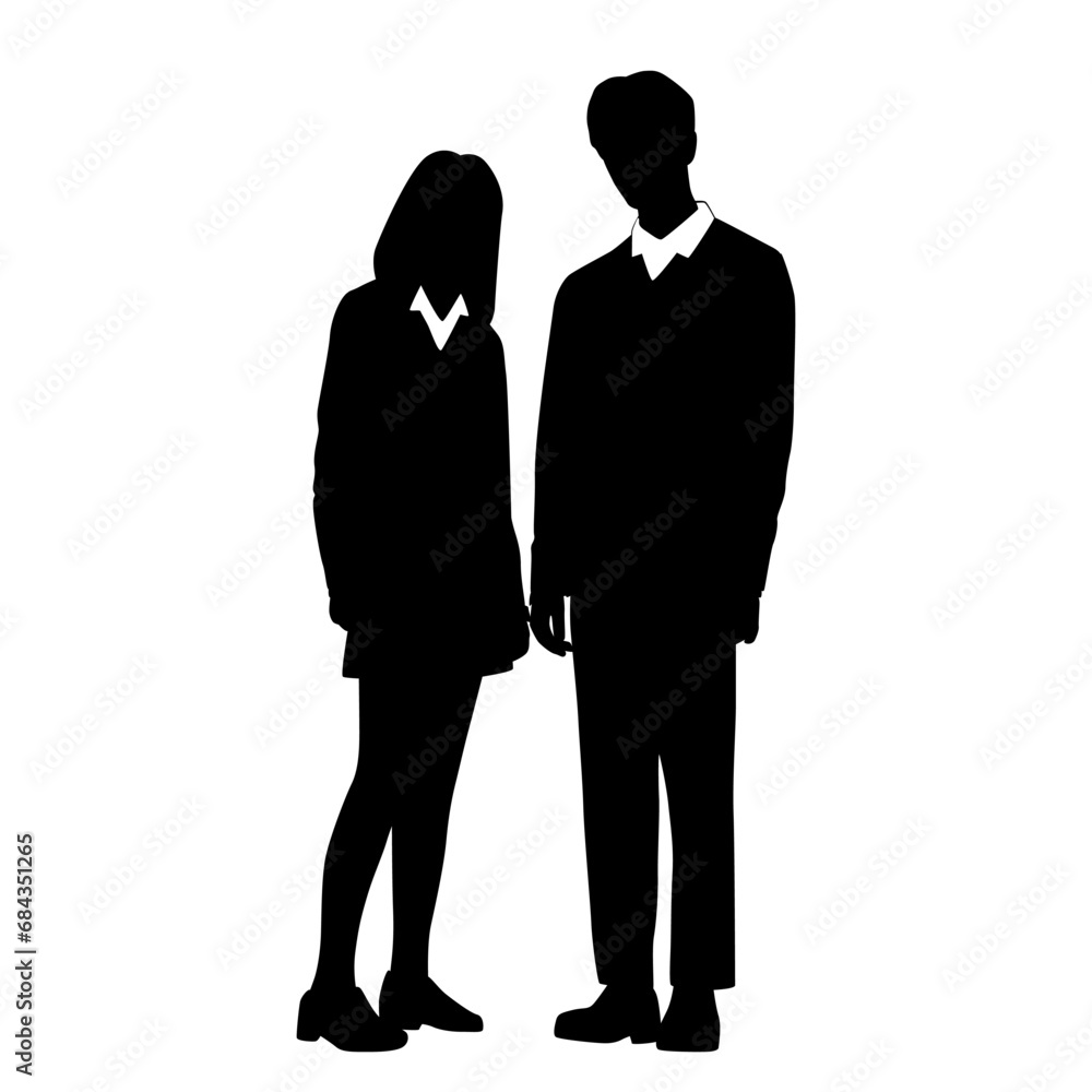Vector silhouettes of  boy and a girl, a couple standing   business people, teenagers, students, black  color isolated on white background