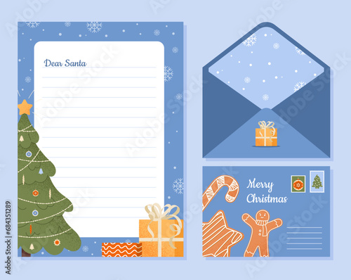 Letter to santa template. List for wishes for santa claus. Christmas and New Year  winter holiday symbol. Gift boxes and presents. Cartoon flat vector illustration isolated on blue background