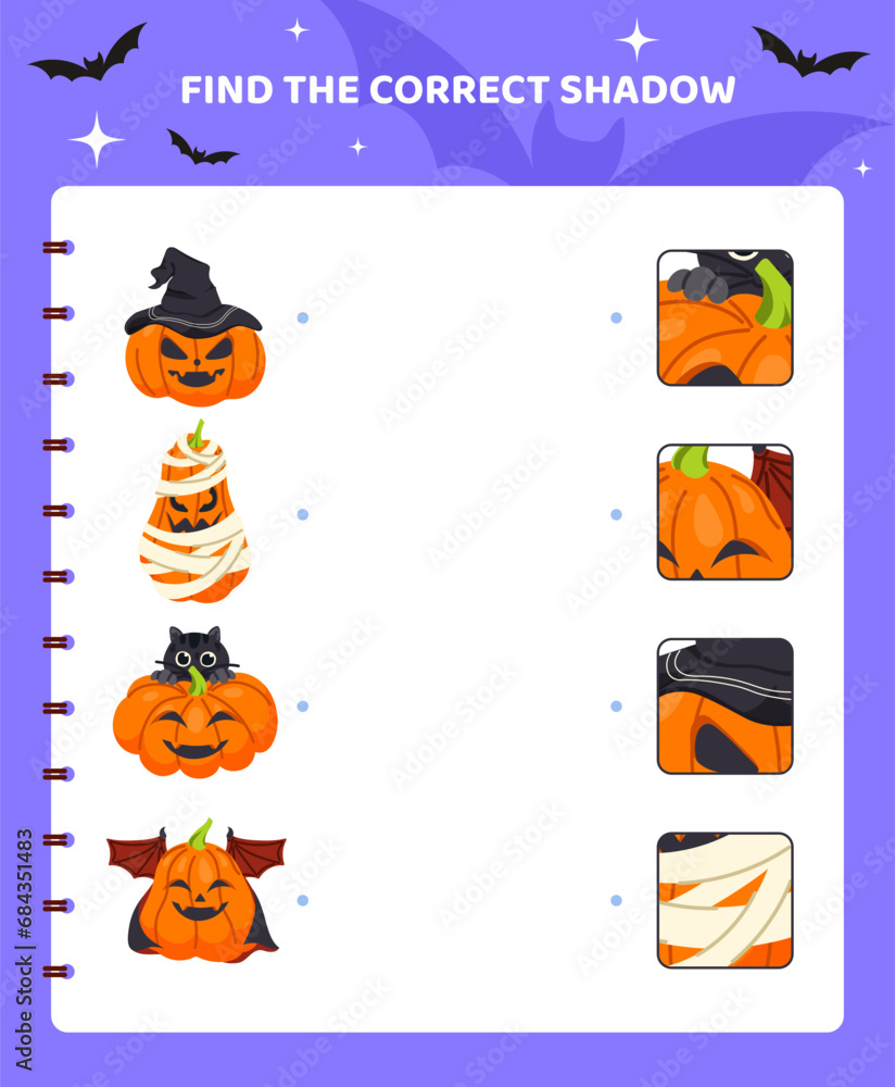 Match game for kids template. Halloween characters. Scary and creepy pumpkins. Educational materials for children. Counting skills development. Poster or banner. Cartoon flat vector illustration Match game for kids template. Halloween characters. Scary and creepy pumpkins. Educational materials for children. Counting skills development. Poster or banner. Cartoon flat vector illustration