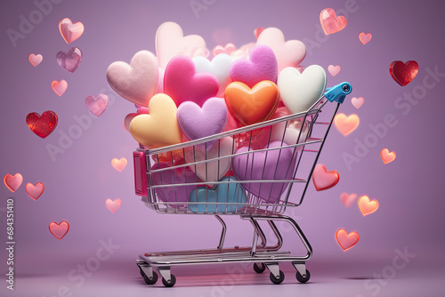 mini carrito de la compra lleno de corazones de colores sobre fondo morado y corazones